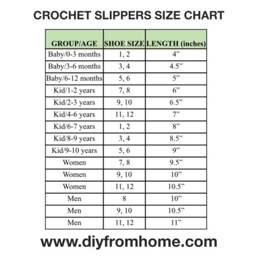 slippers size chart - DIY From Home Crochet
