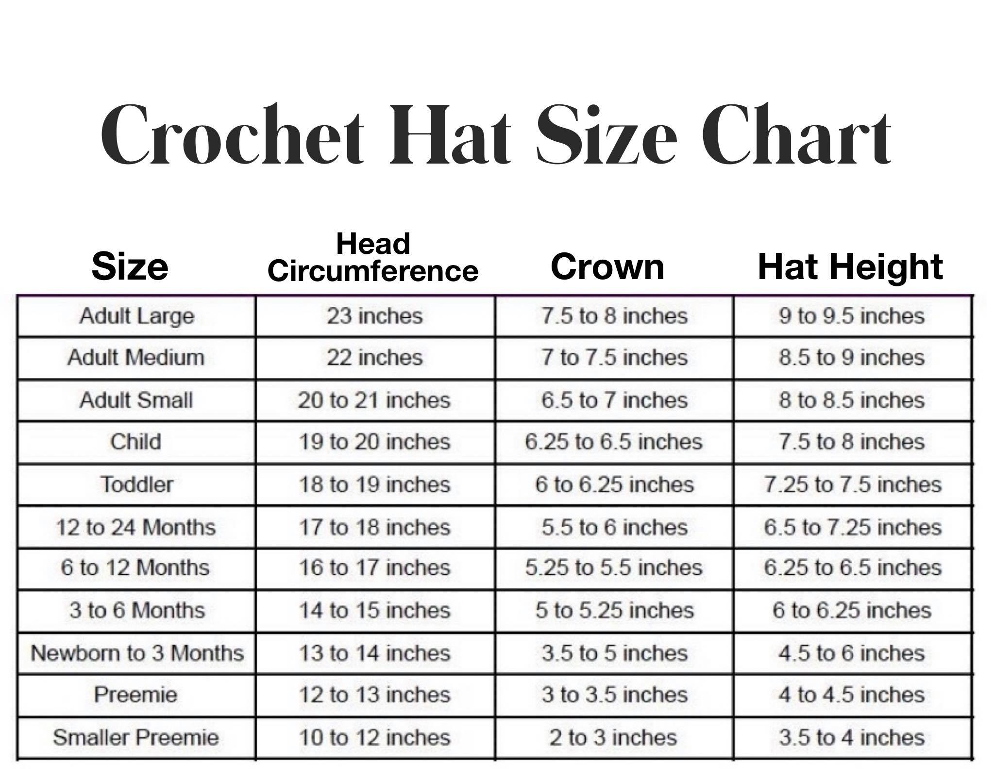 Hat Size Chart DIY From Home Crochet